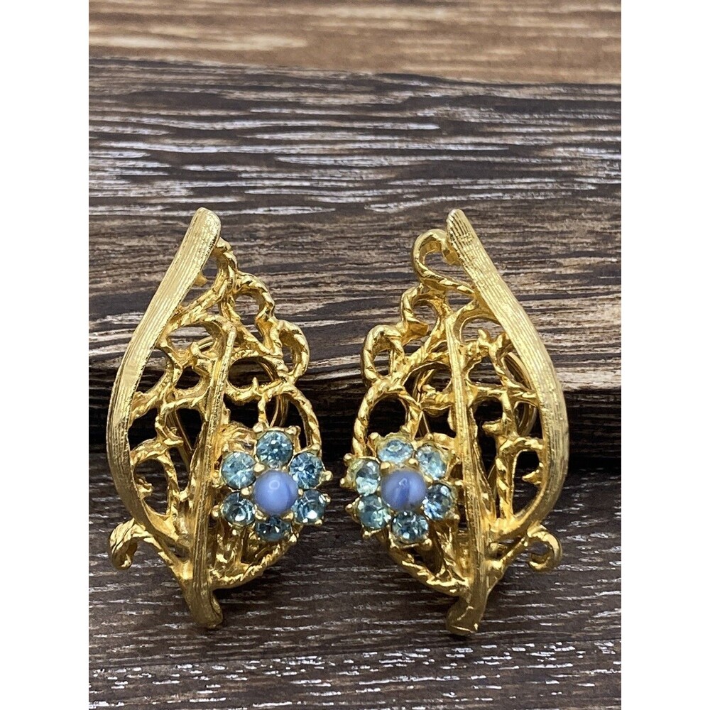 Vintage Clip On Earrings Gold Tone Light Blue Rhinestone Leaf